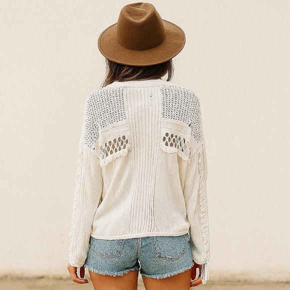 WILDFOX Ivory Boho Fringe Knit Pullover Top – Size S - Picture 2 of 6